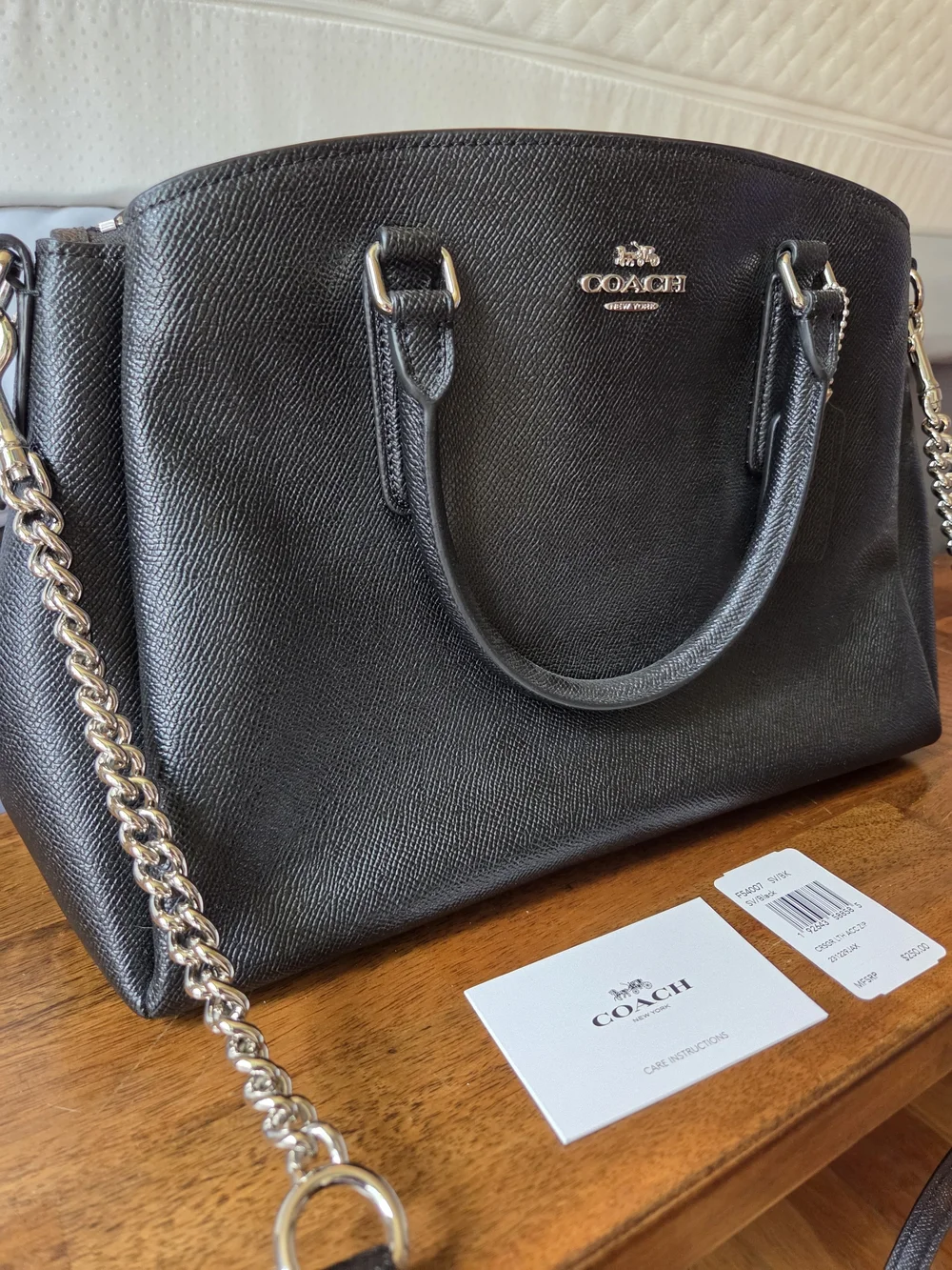 Coach Black Saffiano Leather Satchel with Silver Chain Strap